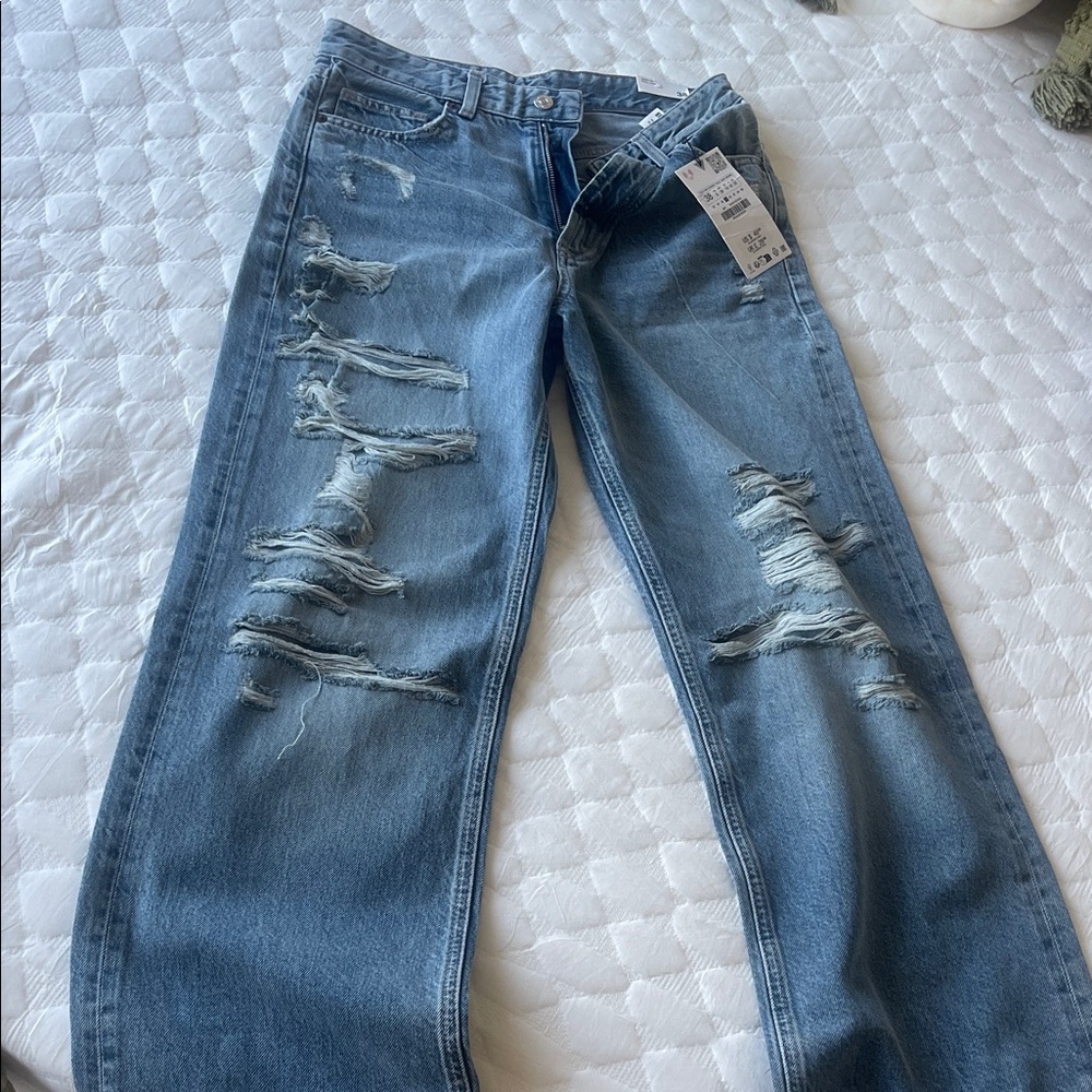 Zara High Rise Distressed Blue Jeans
